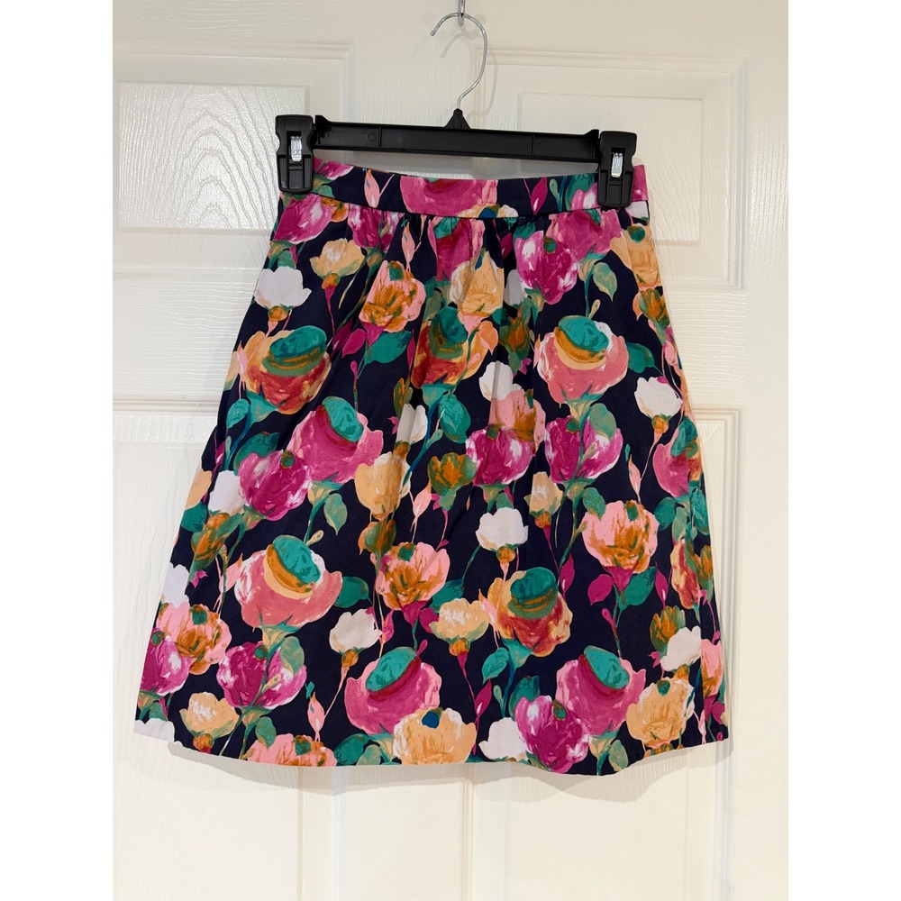 J.Crew Floral Mini Skirt Womens 00 Petite Navy Pink Cotton Preppy Garden Cottage